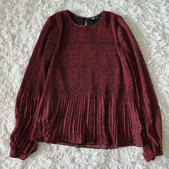 Zara Red and Black Leopard Print Micro Pleated Long Sleeve Blouse Size XS - Picture 6 of 7